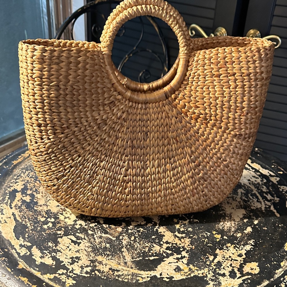 Woven Straw Tote Bag with Round Handles - Natural